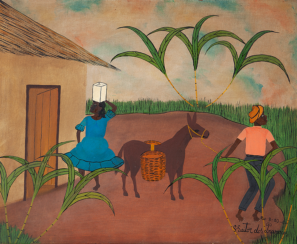 HEITOR DOS PRAZERES - “Mulher com lata d’agua na cabeça e homem com burro”,Óleo sobre tela, Ass.dat.1964 inf. dir., 50 x 61 cm.