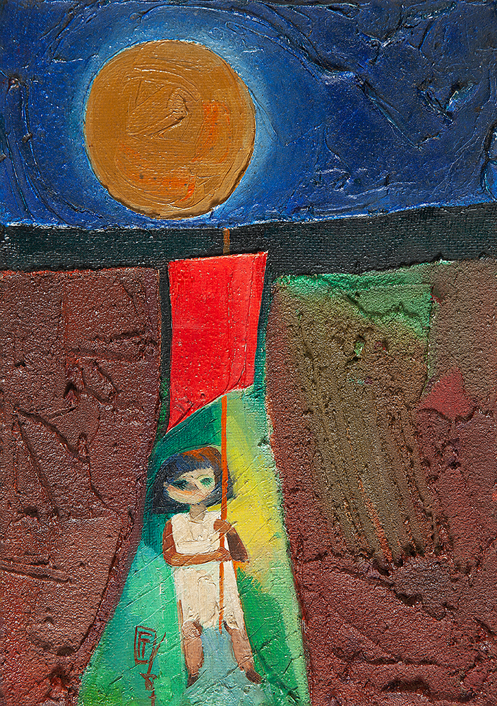 FLORIANO TEIXEIRA - “A menina do estandarte vermelho”, Óleo sobre tela, Ass.centro inf., ass.tit.dat. 1967 no verso, 25 x 18 cm.