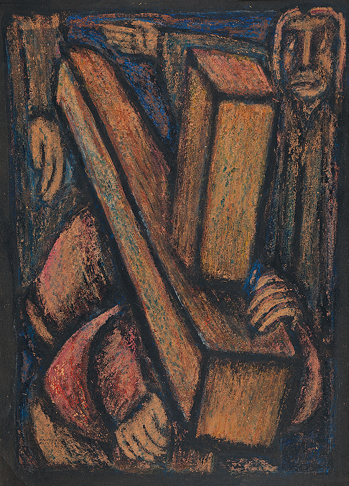 RAIMUNDO DE OLIVEIRA - “Via sacra”, Óleo sobre cartão colado em eucatex, Ass.dat.1955 inf.esq., 75 x 55 cm.