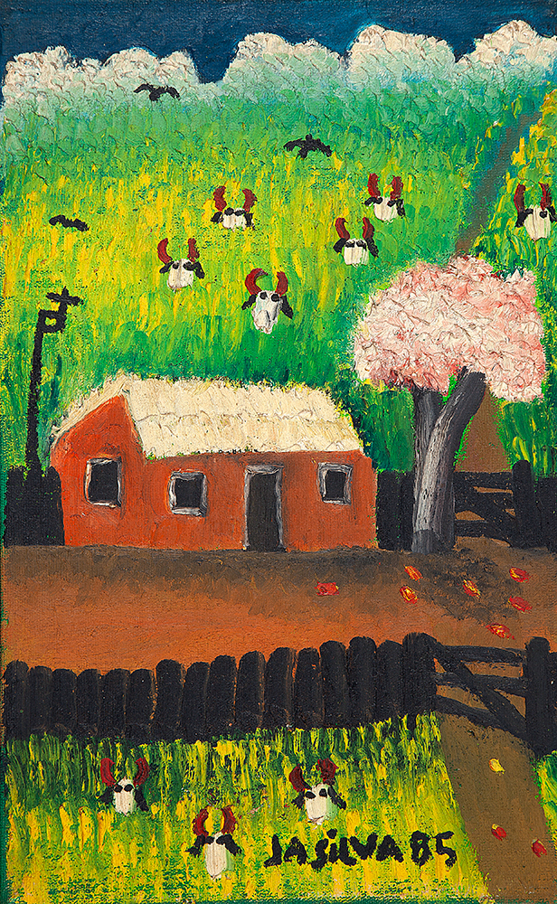 JOSÉ ANTÔNIO DA SILVA - “Fazenda”, Óleo sobre tela, Ass.dat.1985 inf.dir, Ass.dat. no verso, 37 x 23 cm.