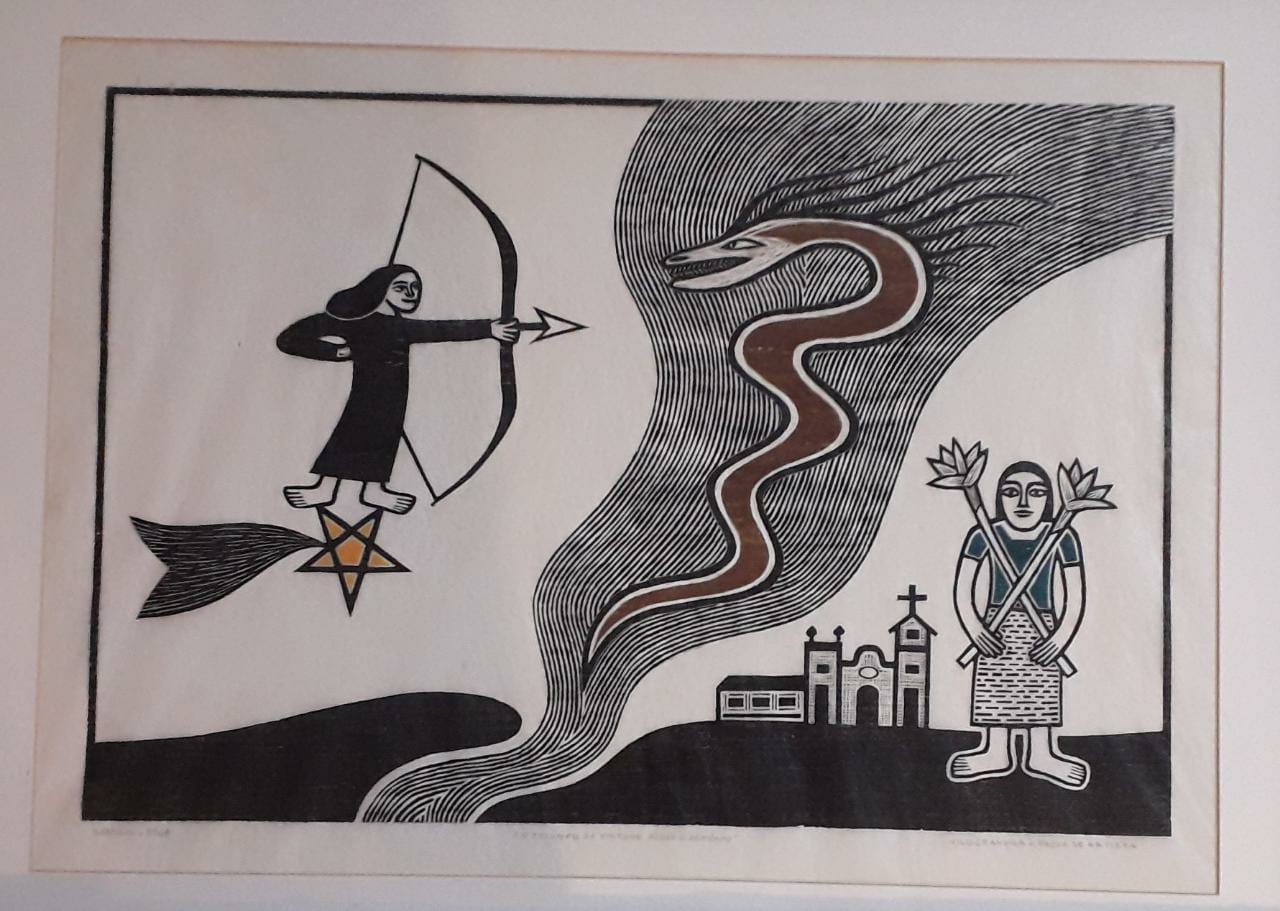 GILVAN JOSÉ MEIRA LINS SAMICO - “O triunfo da virtude sobre o demônio” ,Xilogravura colorida - PA, Ass.dat.1964 inf.esq., 48 x 61 cm.