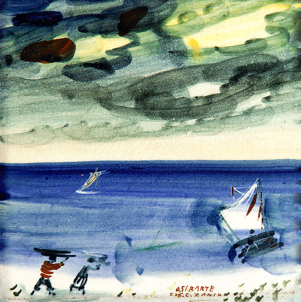 OSIRARTE - EX.MARIO ZANINI - “Figuras na praia”, Pintura sobre azulejo, Ass.inf.dir., 15 x 15 cm.