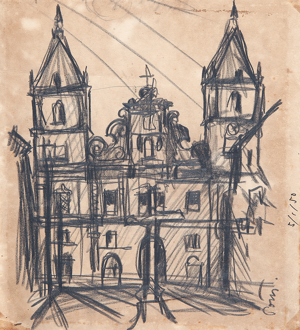 POTY LAZZAROTTO - “Igreja”,Desenho a lápis sobre papel, Ass. dat.5/01/1950 lat.dir, 25 x 22 cm.Sem moldura.