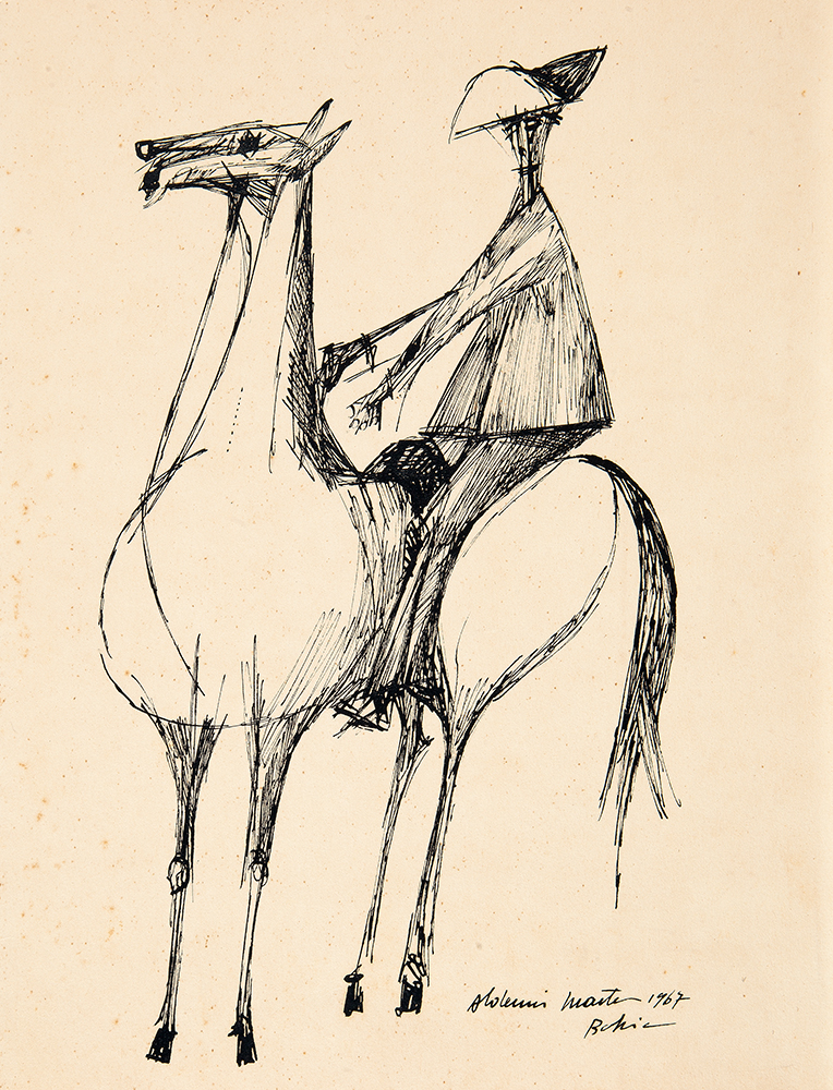 ALDEMIR MARTINS - “Homem no cavalo”, Nanquim sobre cartão, Ass.dat.1967 inf.dir, 30 x 23 cm.Sem moldura.