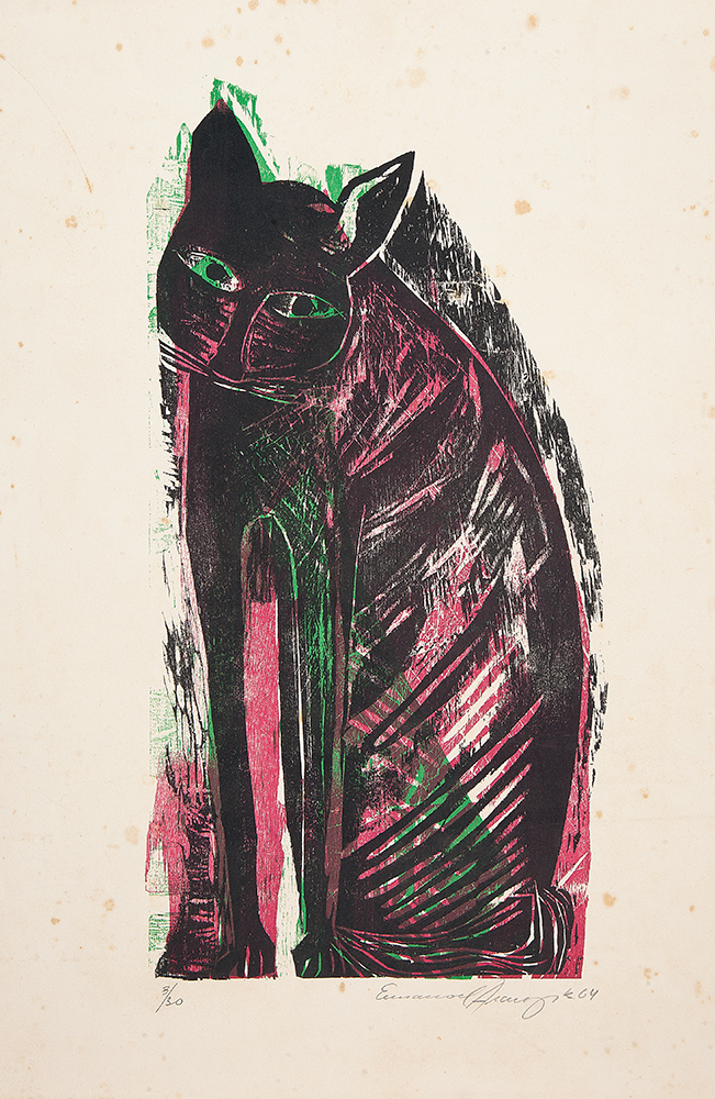 EMANOEL ARAÚJO - “Gato”, Xilogravura colorida - 3/10, Ass.dat.1964 inf. dir, 56 x 38 cm. Apresenta pequenos fungos e sem moldura.