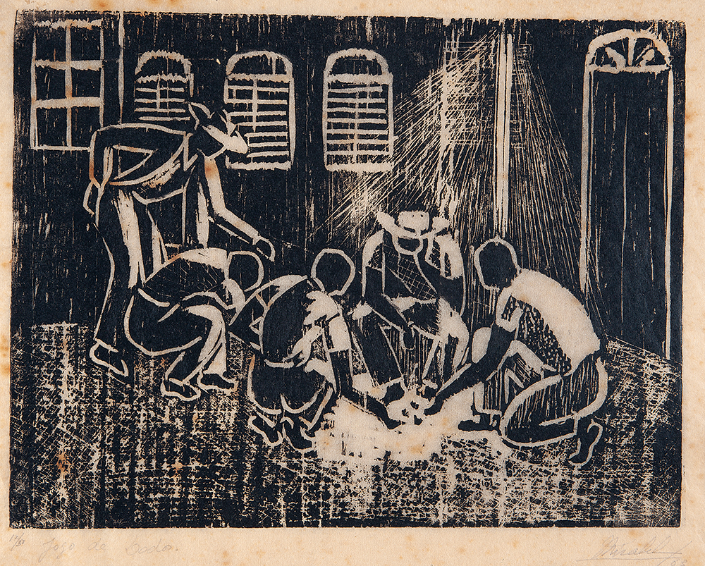 MIRABEAU SAMPAIO - “Jogo de dados”, Xilogravura, 17/37, Ass.dat.1963 inf.dir, 23 x 28 cm.Sem moldura.