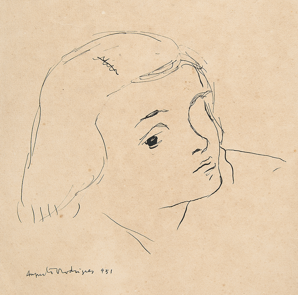 AUGUSTO RODRIGUES - “Perfil de menina”, Desenho á nanquim sobre papel, Ass.dat.1951 centro, 31,5 x 24,5 cm.Sem moldura.