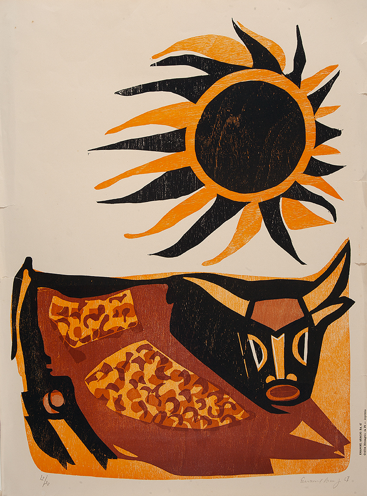 EMANOEL ARAÚJO - “Boi tomando sol” Xilogravura colorida,12/20, Ass.dat.1967 inf. dir, 31 x 25 cm. - Sem moldura.
