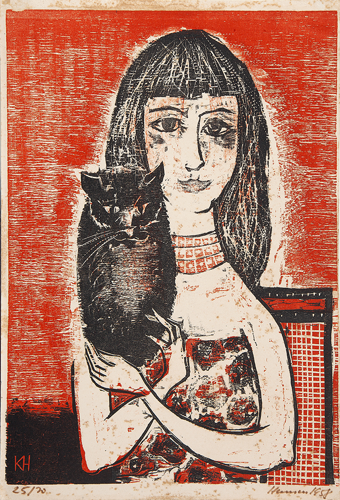HANSEN BAHIA - “Mulher com gato”, Xilogravura colorida, 25/70, Ass.dat.1958 inf. dir, 42 x 29 cm. - Sem moldura.