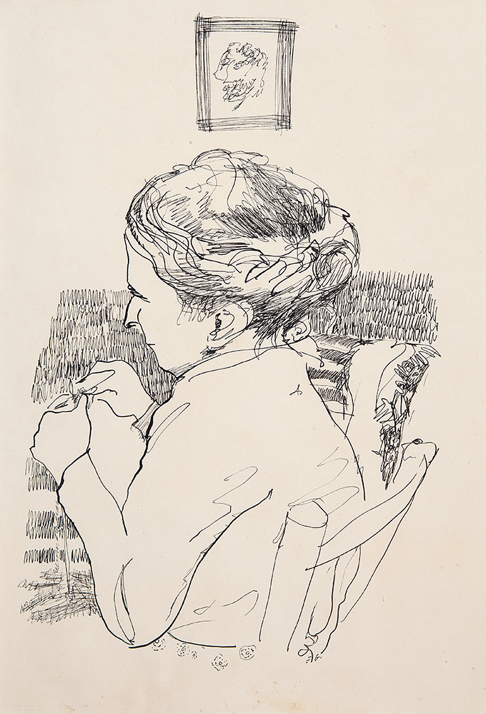 E.GONSALVEZ - “Estudo para retrato” – Senhora tricotando, Nanquim sobre papel, Ass. E.G inf. dir, Ass. tit. no inf, 33 x 22,5 cm. - Sem moldura.