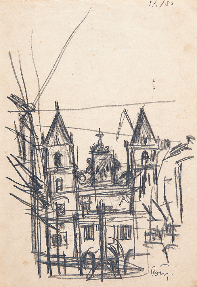 POTY LAZZAROTTO - “Igreja” Desenho a lápis sobre papel, Ass.inf.dir. dat.6/01/1950 sup.dir,31 x 22 cm. - Sem moldura.