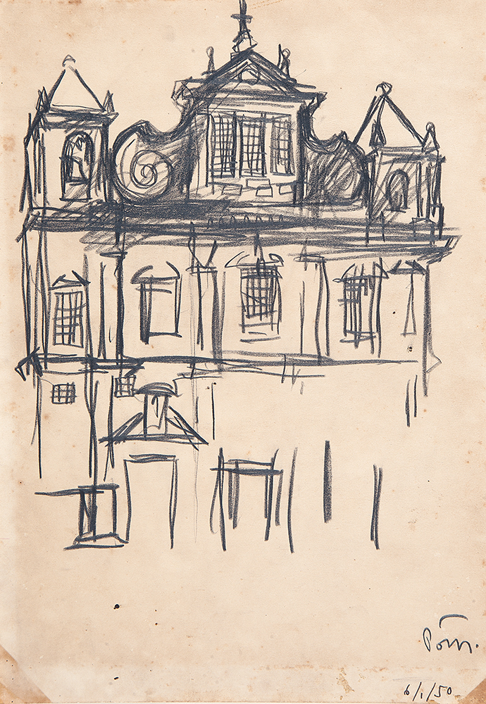 POTY LAZZAROTTO - “Igreja” Desenho a lápis sobre papel, Ass.inf.dir e dat.5/01/1950 sup.dir, 31 x 22 cm. - Sem moldura.