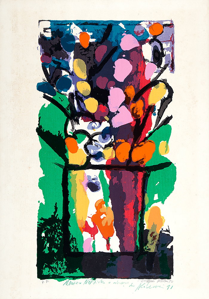 ALDEMIR MARTINS - “Vaso de flor” Serigrafia – PA, Ass.dat.1990 inf.dir.,dat.1991 e com dedicatória para Maria e Nelsinho, 100 x 70 cm.