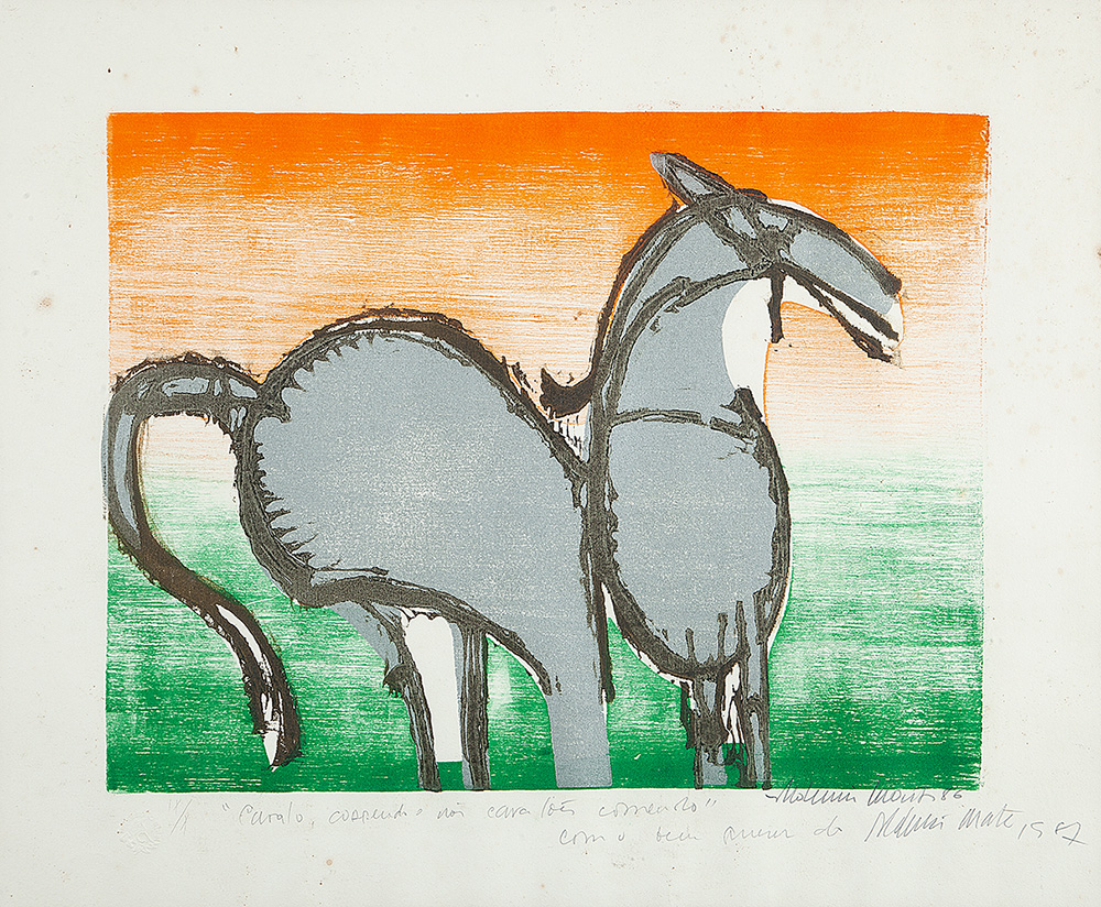 ALDEMIR MARTINS - “Cavalo correndo e nós cavalões comendo” Serigrafia – IX/X, Ass.dat.1986 inf.dir., dat.1987 e com dedicatória, 46,5 x 56,5 cm.