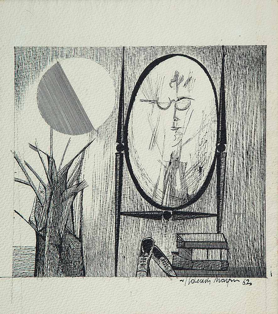 ALDEMIR MARTINS - “Homem no espelho” Nanquim sobre papel, Ass.dat.1962 inf.dir, 30 x 27 cm.