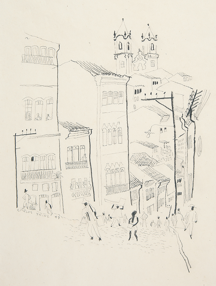 CARLOS ARTUR THIRÉ - “Cena de rua” Desenho á grafite, Ass.dat.1949 inf. esq, 27 x 19 cm. - Sem moldura.