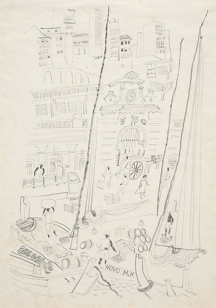 CARLOS ARTUR THIRÉ - “Cena de rua” Desenho á grafite, Ass.dat.1950 inf. dir. - 27 x 19 cm.