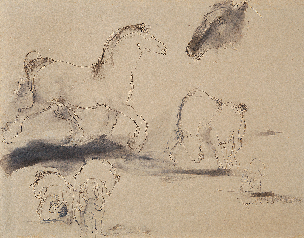 MANUEL ZORRILLA - “Cavalos” Desenho á sépia, Ass.dat.1949 inf.dir, 23 x 30 cm. - Sem moldura.