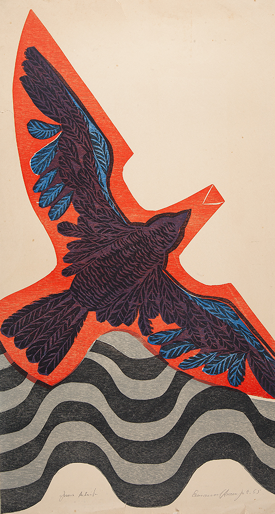 EMANOEL ARAÚJO - “Pássaro” Xilogravura - PA, Ass.dat.1965 inf. dir, 87 x 47 cm. - Apresenta um pequeno rasgo e sem moldura.