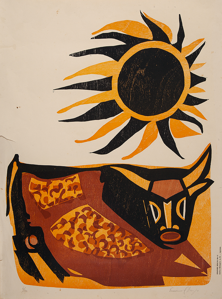 EMANOEL ARAÚJO - “Boi tomando sol” Xilogravura colorida 6/20, Ass.inf. dir. – 1967, 76 x 56,5 cm. - Sem moldura.
