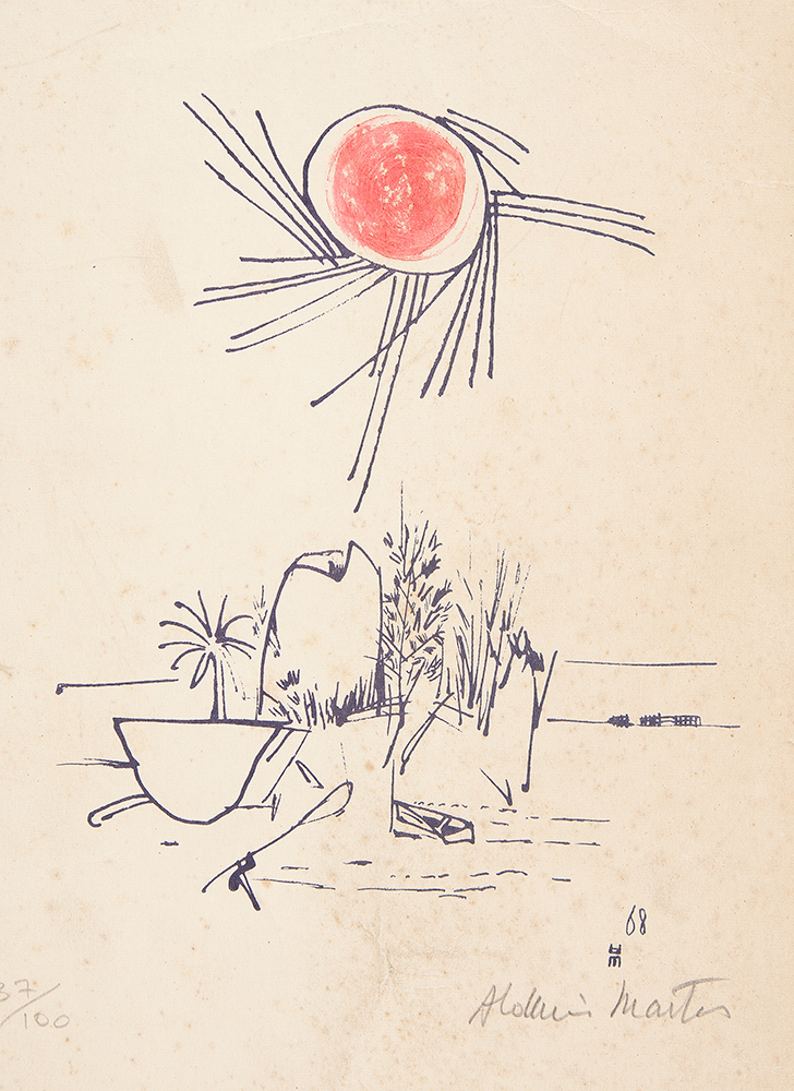 ALDEMIR MARTINS - “Paisagem” Serigrafia – 37/100, Ass.dat.1968 inf. dir, 33 x 22,5 cm. - Apresenta fungo e sem moldura.
