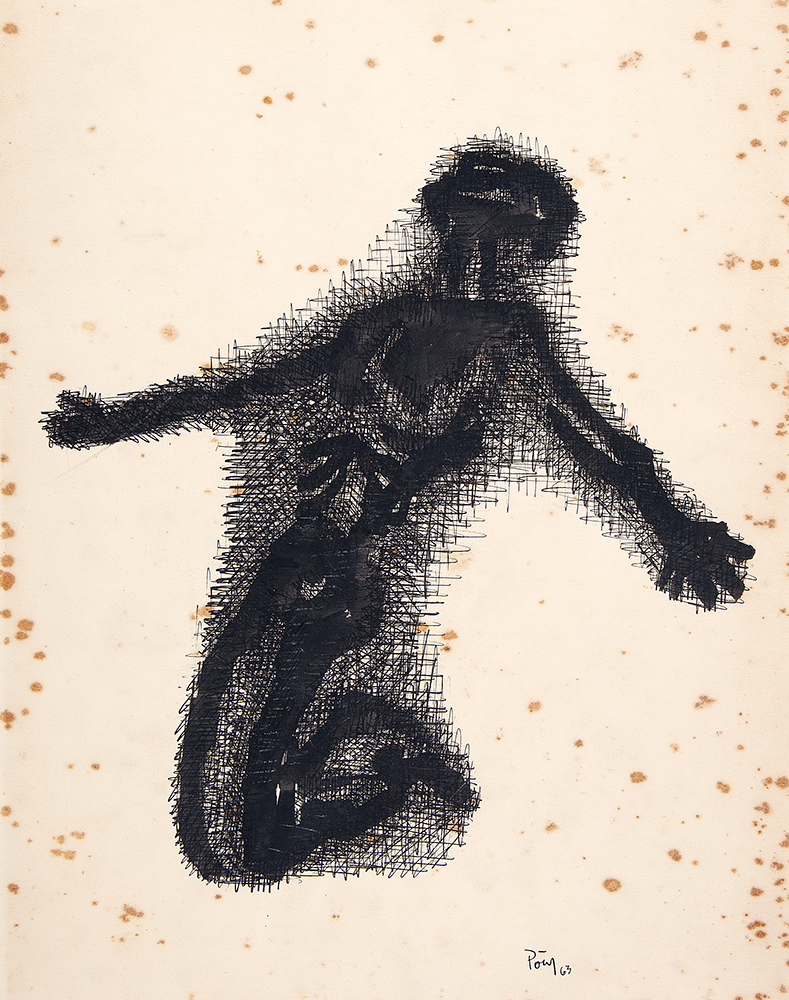 POTY LAZZAROTTO - “Figura ajoelhada” Nanquim e guache sobre papel, Ass.dat.1963 inf. dir, 51 x 54 cm. - Obra no estado e sem moldura.