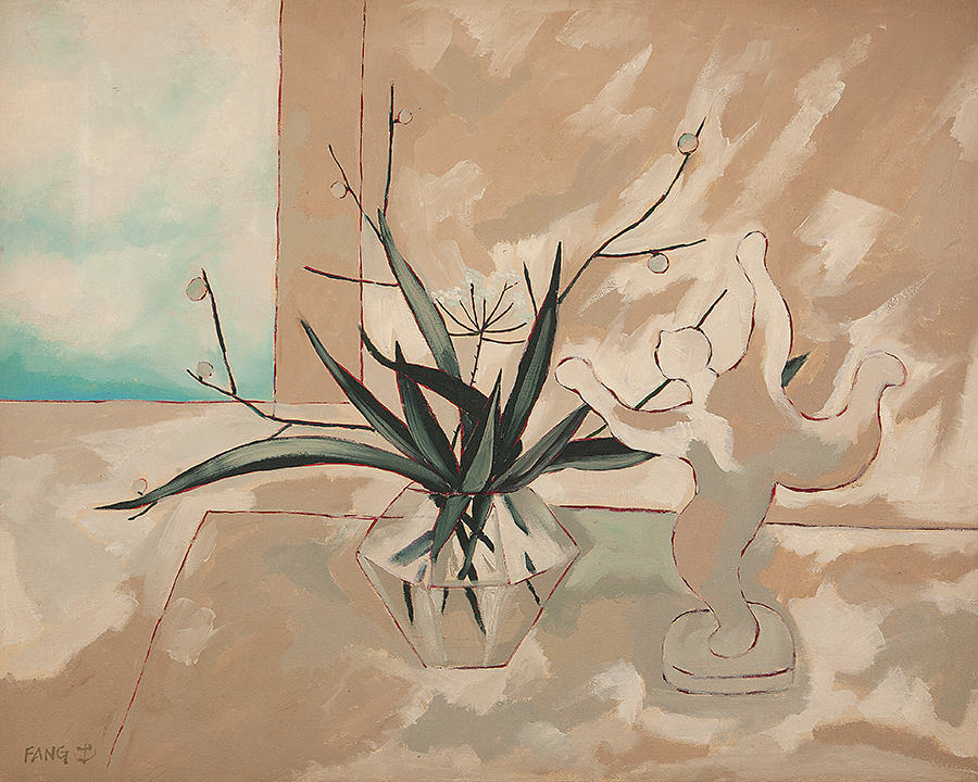 FANG - “Vaso com flores e escultura sobre a mesa” - Óleo sobre tela. -Ass. inf. esq., dat. 1988 no verso - 80 x 100 cm.
