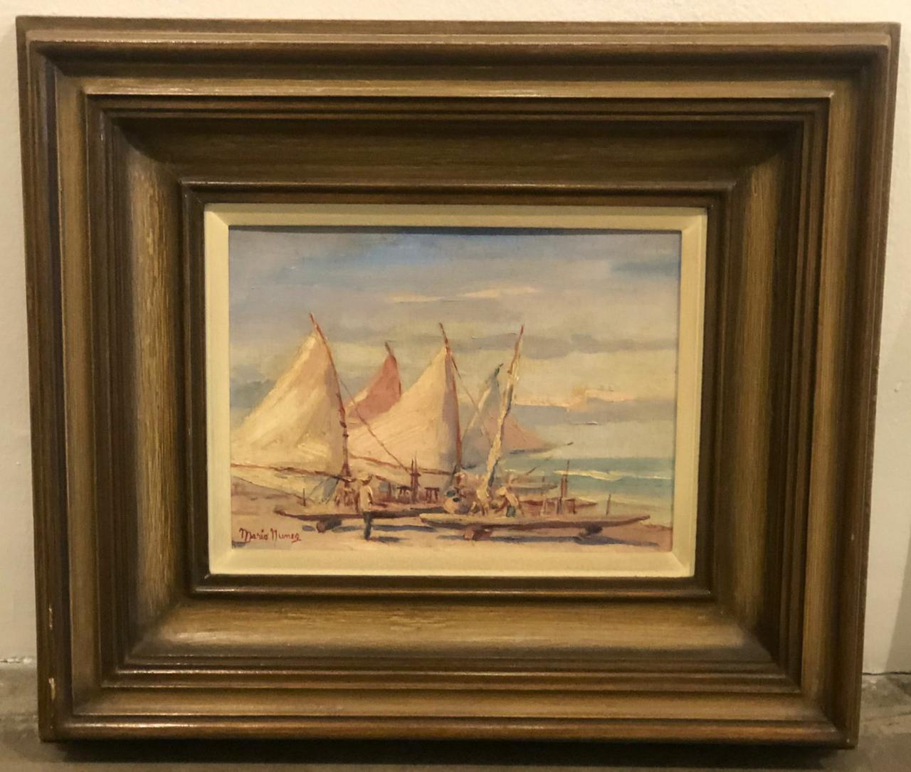 MARIO NUNES - “Marinha com barcos” - Óleo sobre tela - Ass.inf.esq. - 22 x 29 cm.