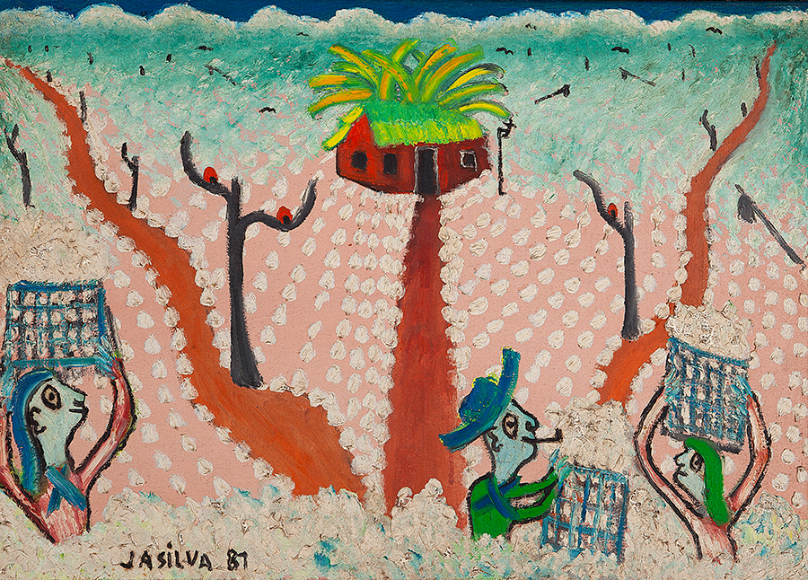 JOSÉ ANTÔNIO DA SILVA - “Plantação de algodão” - Óleo sobre tela - Ass.dat.1981 inf.esq.,ass.dat. no verso - 50 x 70 cm.
