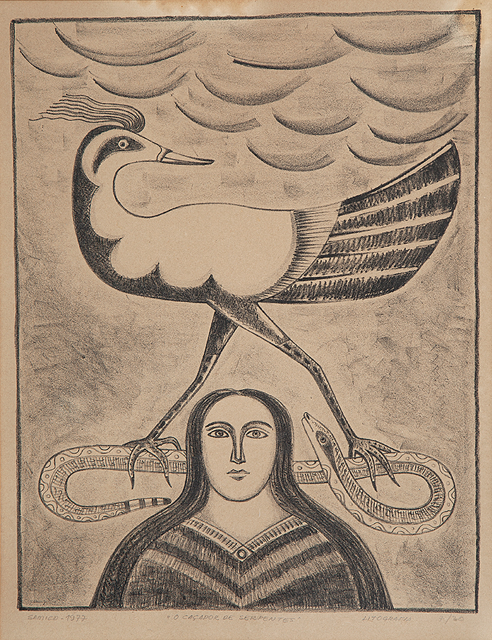 GILVAN JOSÉ MEIRA LINS SAMICO - “Caçador de serpentes” -Litografia - 7/20 - Ass.dat.1977 inf.esq. tit. no centro inf. - 37 x 29 cm.