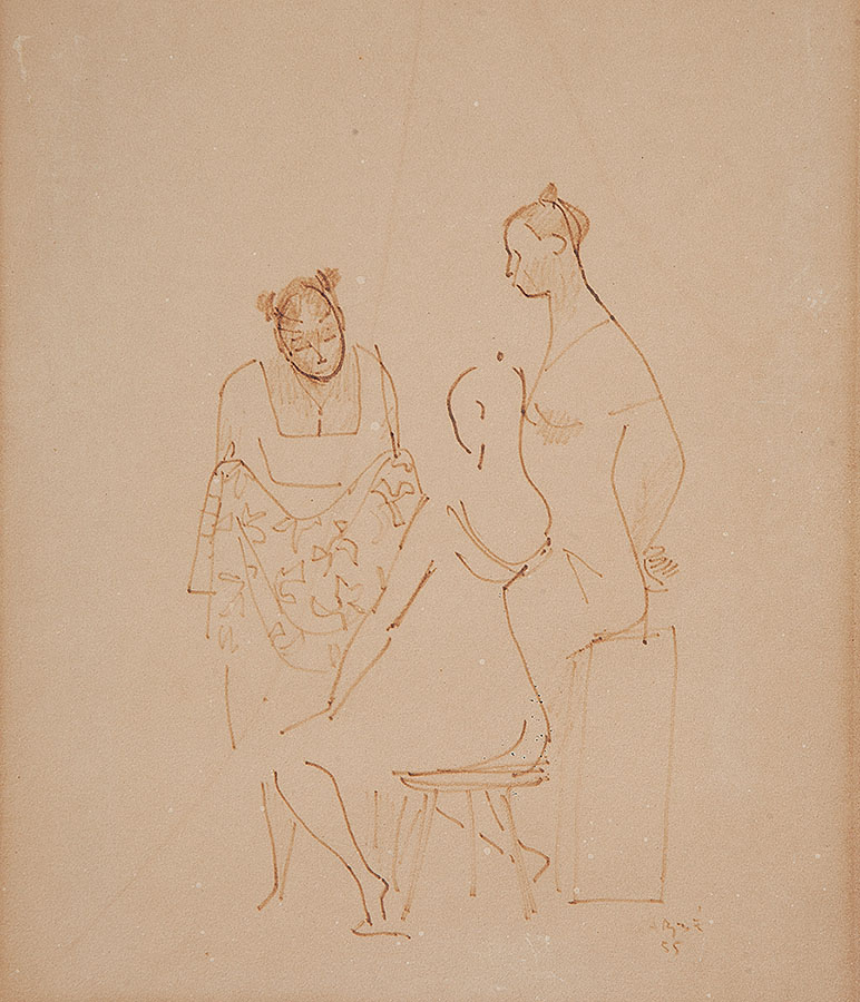 CARYBÉ - “Mulheres conversando” - Desenho a canetinha - Ass.dat.1955 inf. dir - 34 x 29 cm.