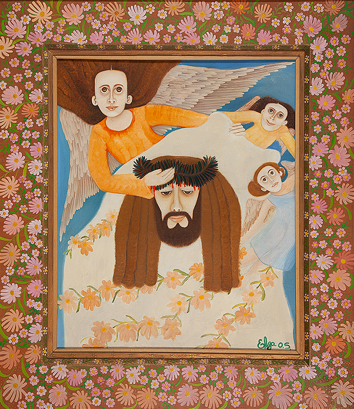 ELZA O.S (ELZA DE OLIVEIRA SOUZA - “Cristo e os anjos” - Óleo sobre tela - Ass. inf. dir. - 75 x 65 cm.Com moldura pintada pelo artista.