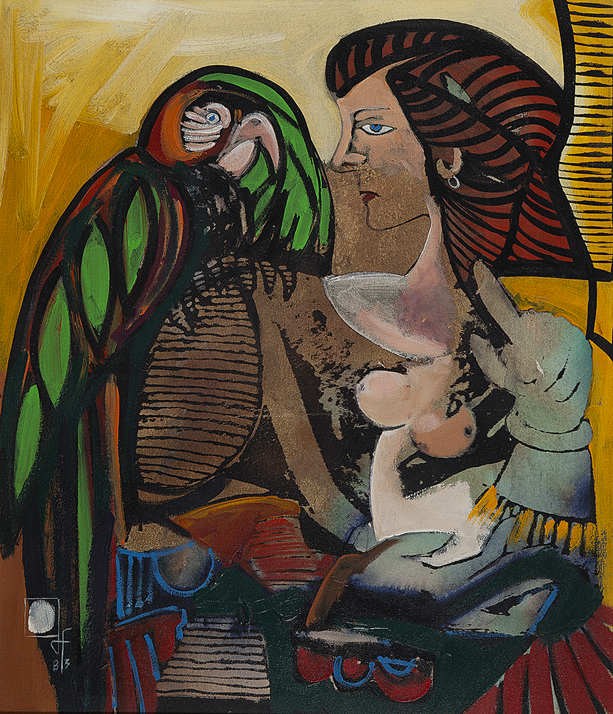 JESUS FUERTES - “Mulher e papagaio”, Óleo sobre tela, Ass.dat.1983 inf.esq, 70 x 60 cm.