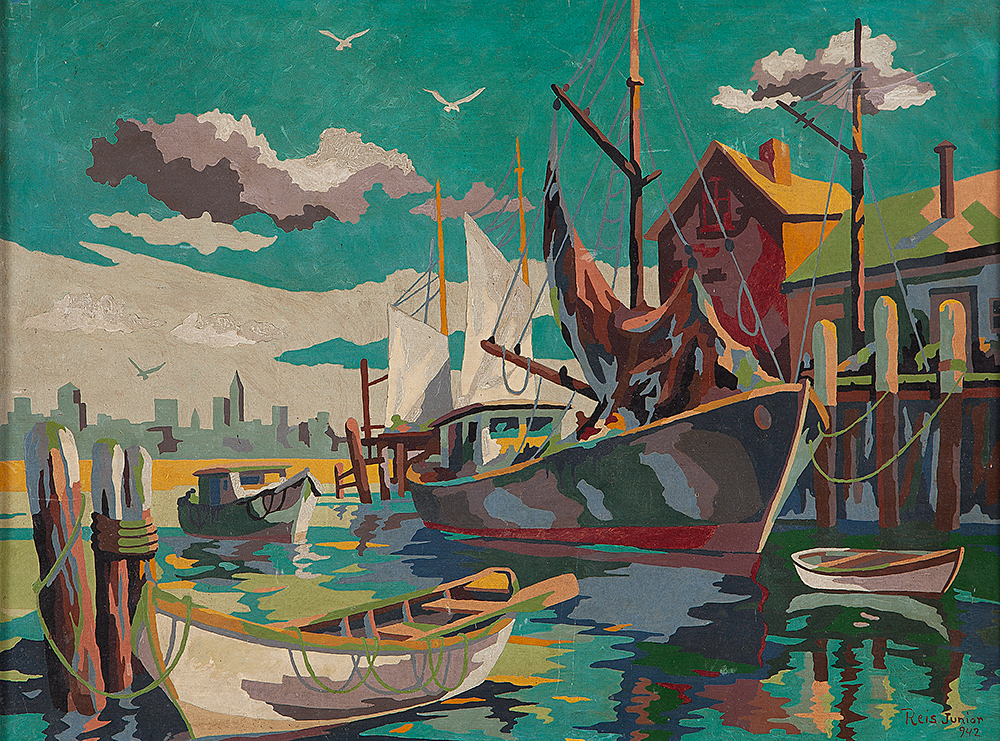 REIS JUNIOR - “Paisagem com barcos”, Óleo sobre tela sobre cartão, Ass.dat.1942 inf.dir, 45 x 60 cm.