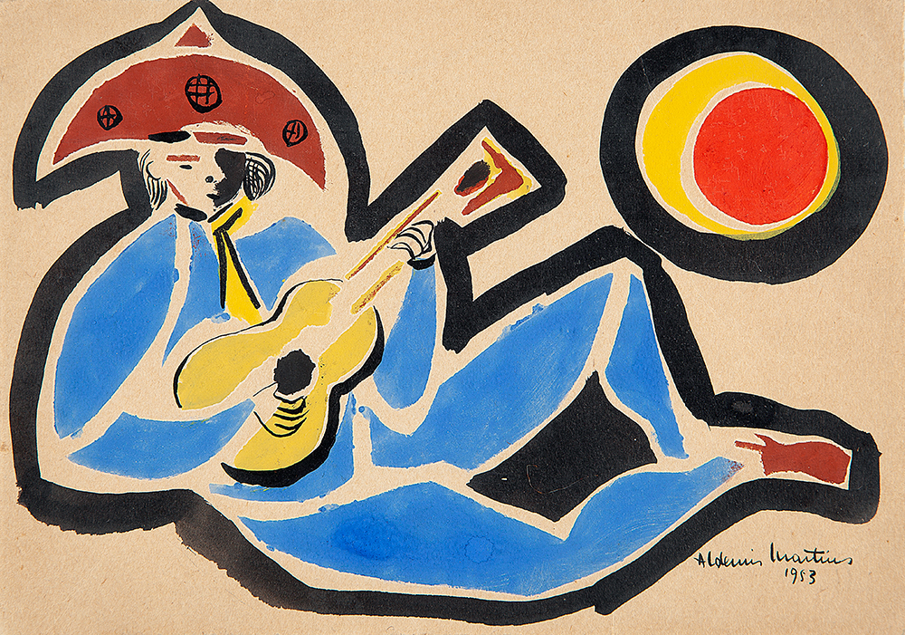 ALDEMIR MARTINS - “Homem tocando violão”, Guache sobre papel, Ass.dat.1953 inf.dir., 15 x 22 cm.
