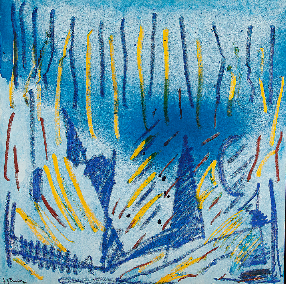 ARTUR BARRIO- “Sem título”, Óleo sobre tela, Ass.dat.1987 inf. esq., ass.dat. no verso. 100 x 100 cm.Com etiqueta da Galeria Millan.