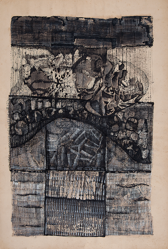 TOMOSHIGE KUSUNO- “Sem título”,Óleo e nanquim sobre papel, Ass.dat.1963 inf. dir, 96 x 66 cm.