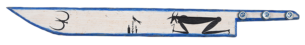 JOSÉ BEDIA- “Sem título”, Óleo, prego e tampinha sobre madeira, Ass.dat.1994 inf.dir., 83 x 9 cm.
