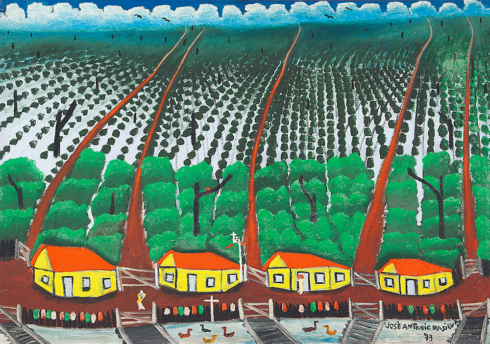 JOSÉ ANTÔNIO DA SILVA- “Fazendas”, Óleo sobre tela, Ass.dat.1973 inf.dir., ass.dat. no verso, 70 x 100 cm.