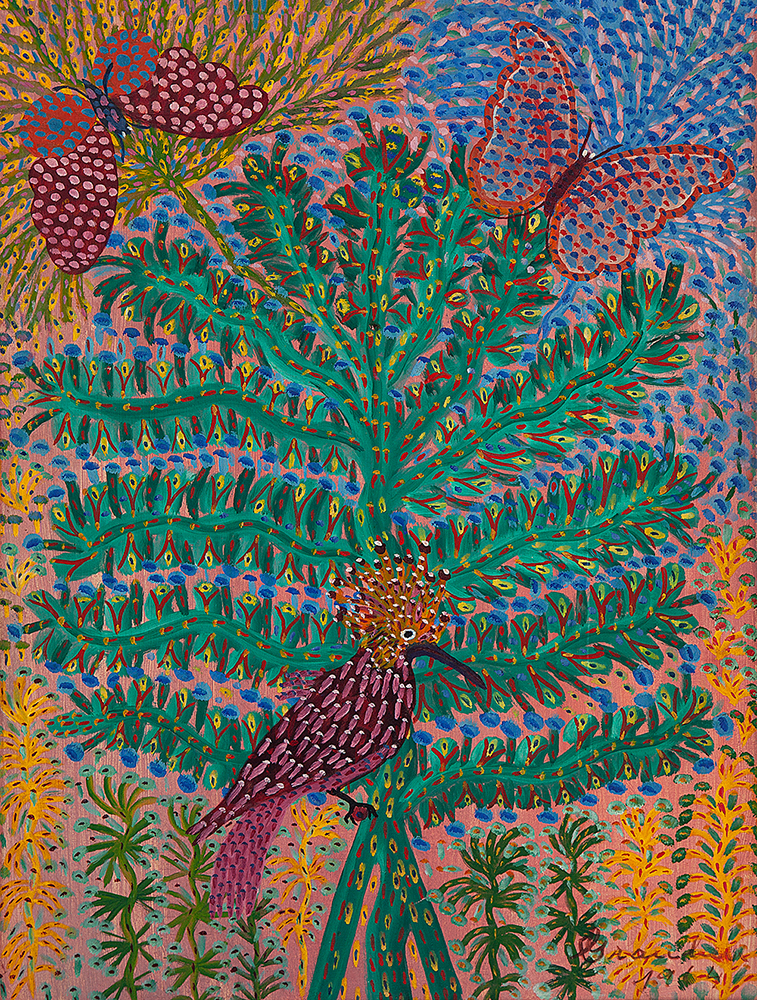 GRAUBEN- “Pavão e borboletas”, Óleo sobre tela, Ass.dat.1964 inf.dir., 61 x 46 cm.