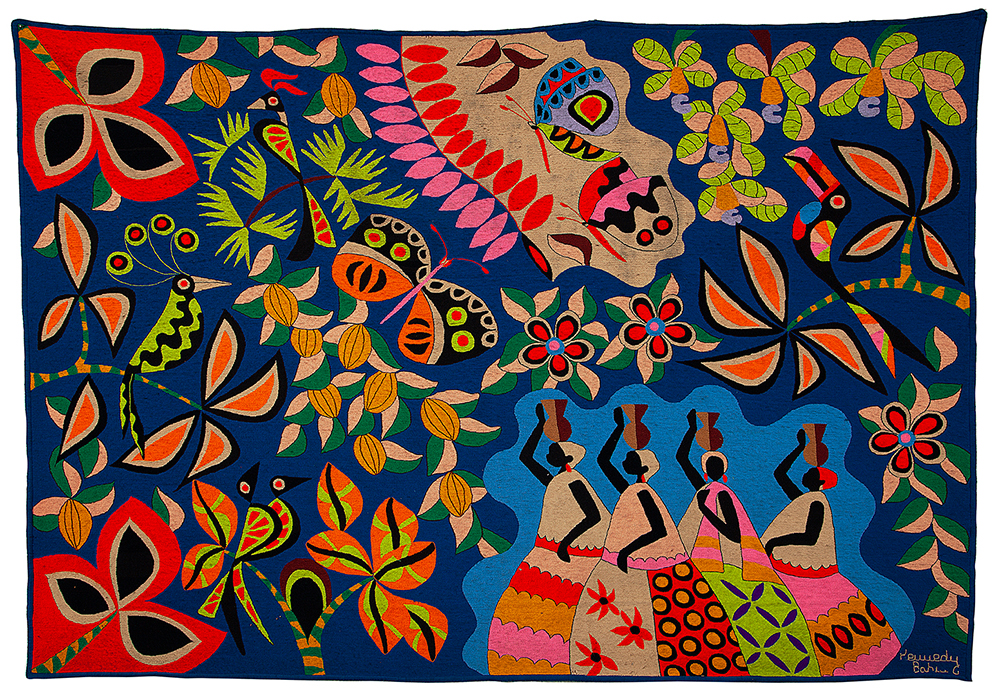 KENNEDY BAHIA- “Baianas, pássaros, borboletas e flores”, Tapeçaria. Ass. loc. “Bahia” inf.dir, 183 x 265 cm.