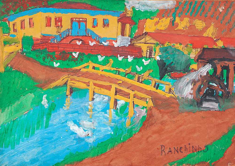 RANCHINHO- “A ponte e os pássaros”, Guache sobre cartão, Ass.inf.dir, 35,5 x 50 cm.