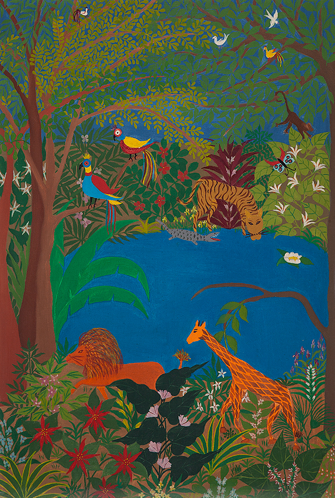 ELISA MARTINS DA SILVEIRA - “Animais na floresta”, Óleo sobre tela, Ass.dat.1968 no verso, 73 x 50 cm.