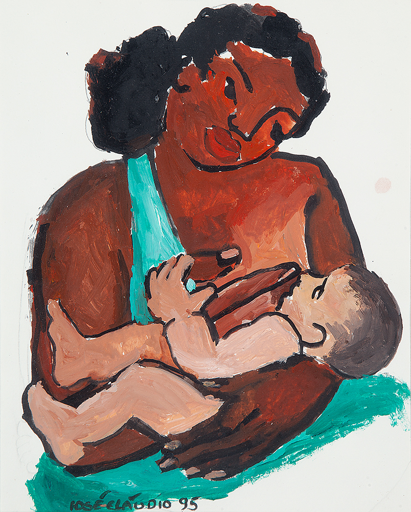 JOSÉ CLÁUDIO - “Mãe amamentando”, Guache sobre papel, Ass.dat.1995 inf esq.,25 x 20 cm.