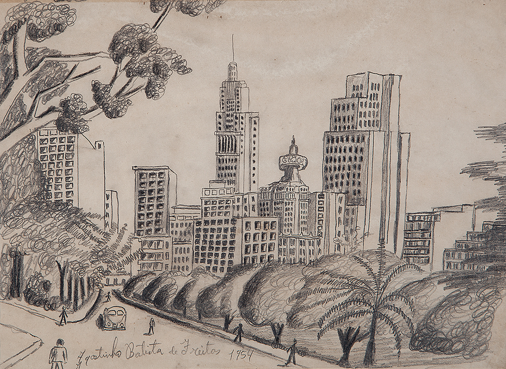 AGOSTINHO BATISTA DE FREITAS - “Parque Dom Pedro II”, Desenho a lápis sobre papel, Ass.dat.1954 inf.esq., 21,5 x 29,5 cm. Com etiqueta da Mirante das Artes.