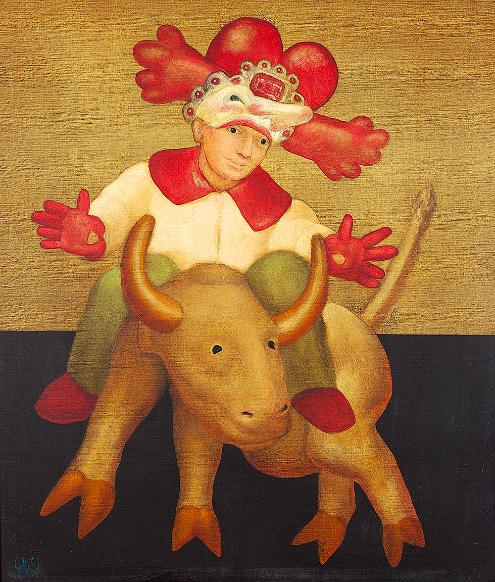 MÁRIO GRUBER - “Fantasiado” Óleo sobre tela, Ass.dat.1992 inf.esq., 78 x 68 cm.