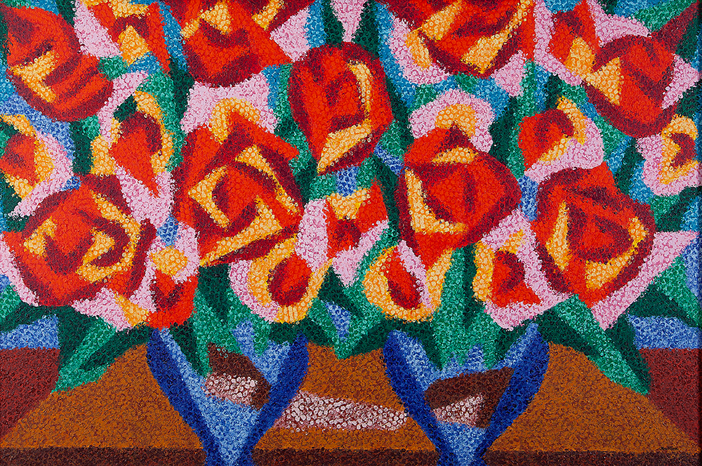 CLÁUDIO TOZZI - “Flores” Acrílica sobre tela sobre madeira, Ass.inf.dir, ass.tit. no verso, 75 x 120 cm.