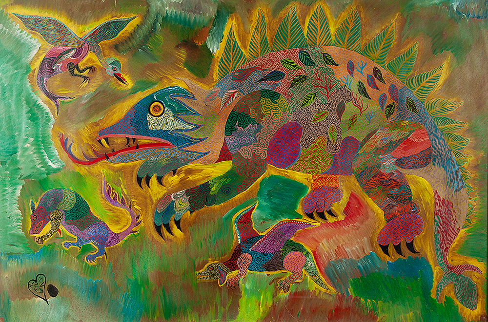 CHICO DA SILVA - “Animais” Guache sobre papel sobre eucatex, Ass.dat.1966 inf.esq., 75 x 114 cm.