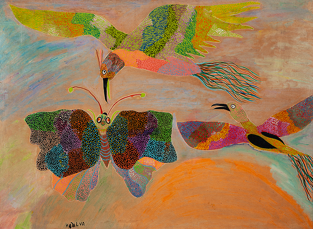 CHICO DA SILVA - “Pássaros e borboletas” Guache sobre papel sobre eucatex, Ass.inf.esq., 55 x 76 cm.