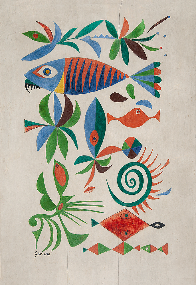 GENARO DE CARVALHO - “Peixes e algas” Acrílica sobre madeira, Ass.inf.esq., 50 x 35 cm.